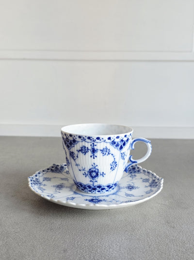 Royal Copenhagen Blue Fluted Full Lace #1035 Cup with Saucer 1960s Denmark