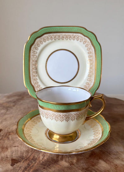 Very Rare Antique c1905 Edwardian Royal Albert Crown China Trio, Tea Cup, Saucer And Square Tea Plate. Green, Cream, White With Gold Gilt.