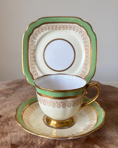 Very Rare Antique c1905 Edwardian Royal Albert Crown China Trio, Tea Cup, Saucer And Square Tea Plate. Green, Cream, White With Gold Gilt.