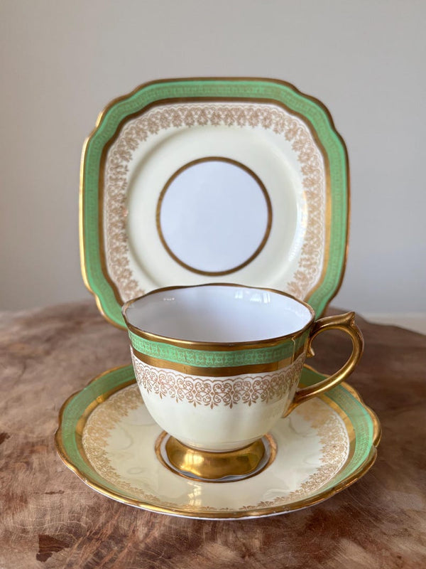 Very Rare Antique c1905 Edwardian Royal Albert Crown China Trio, Tea Cup, Saucer And Square Tea Plate. Green, Cream, White With Gold Gilt.