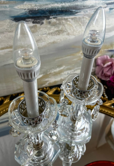 Pair of (2) Antique Victorian Style Mantle Luster Table Lamps with Cranberry Hurricanes and Crystal Cut Glass Prisms