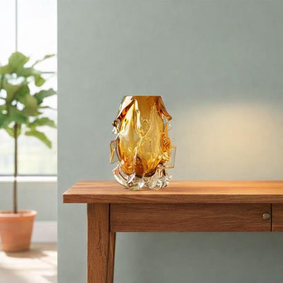 Hand-Blown Amber Art Glass Vase, Sculptural Organic Flow Design