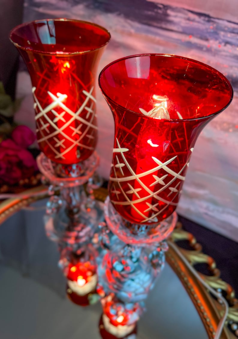 Pair of (2) Antique Victorian Style Mantle Luster Table Lamps with Cranberry Hurricanes and Crystal Cut Glass Prisms