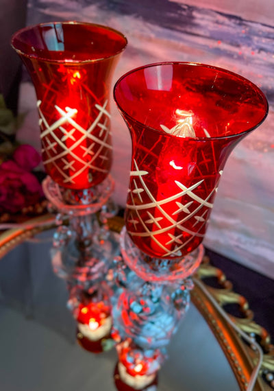 Pair of (2) Antique Victorian Style Mantle Luster Table Lamps with Cranberry Hurricanes and Crystal Cut Glass Prisms