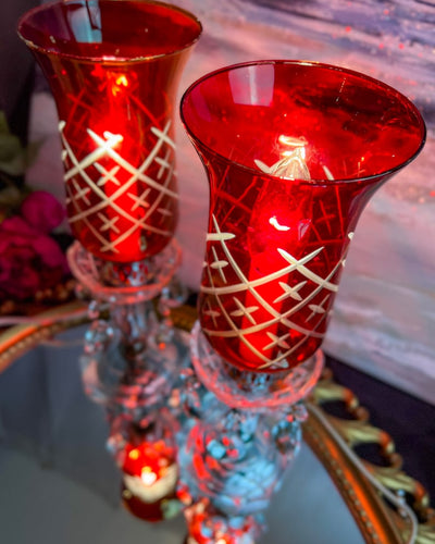 Pair of (2) Antique Victorian Style Mantle Luster Table Lamps with Cranberry Hurricanes and Crystal Cut Glass Prisms