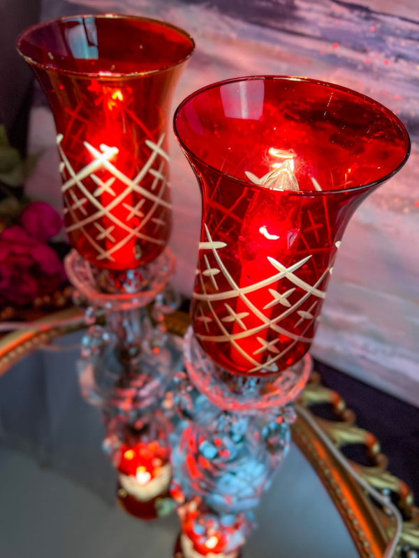 Pair of (2) Antique Victorian Style Mantle Luster Table Lamps with Cranberry Hurricanes and Crystal Cut Glass Prisms