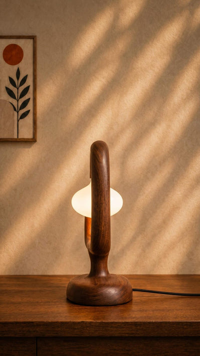 Sculptural Wood Table Lamp, Organic Bedside Nightstand Light, Frosted Glass Globe Accent