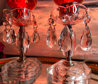 Pair of (2) Antique Victorian Style Mantle Luster Table Lamps with Cranberry Hurricanes and Crystal Cut Glass Prisms