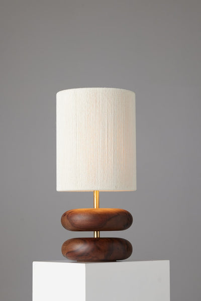 River Rock Walnut Wood Lamp: Hand-Strung Cotton Lampshade, Reclaimed Wood