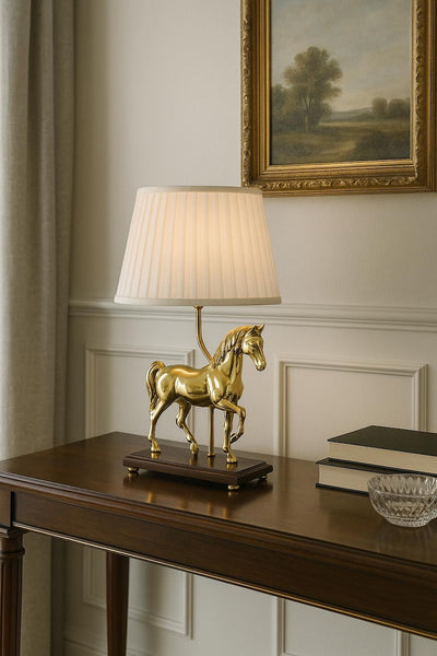 Bring equestrian elegance into your home with this vintage brass horse table lamp