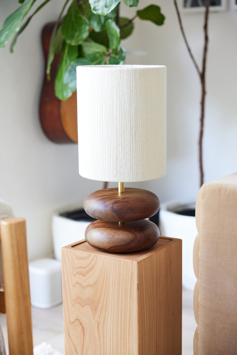 River Rock Walnut Wood Lamp: Hand-Strung Cotton Lampshade, Reclaimed Wood