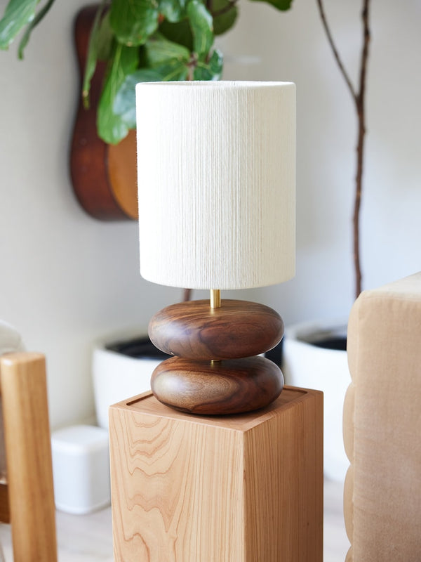 River Rock Walnut Wood Lamp: Hand-Strung Cotton Lampshade, Reclaimed Wood