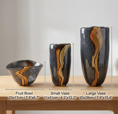 Hand Blown Glass Vase Set Black Amber Art Decor set of 3