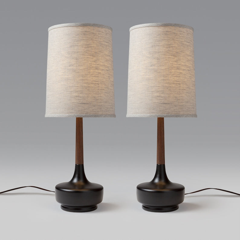 Black Ceramic Base, Walnut Neck, Oatmeal Muslin Lampshade