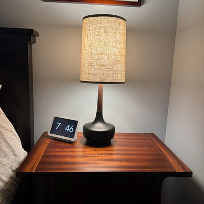 Black Ceramic Base, Walnut Neck, Oatmeal Muslin Lampshade