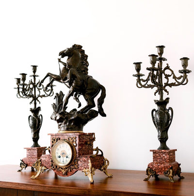 Antique 3-Piece French Clock Garniture Set | 19th Century Marly Horse Sculpture