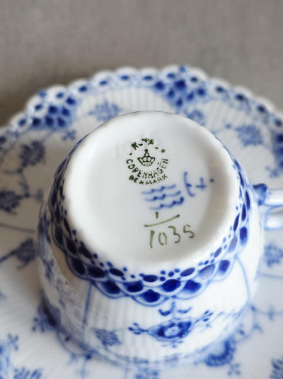 Royal Copenhagen Blue Fluted Full Lace #1035 Cup with Saucer 1960s Denmark