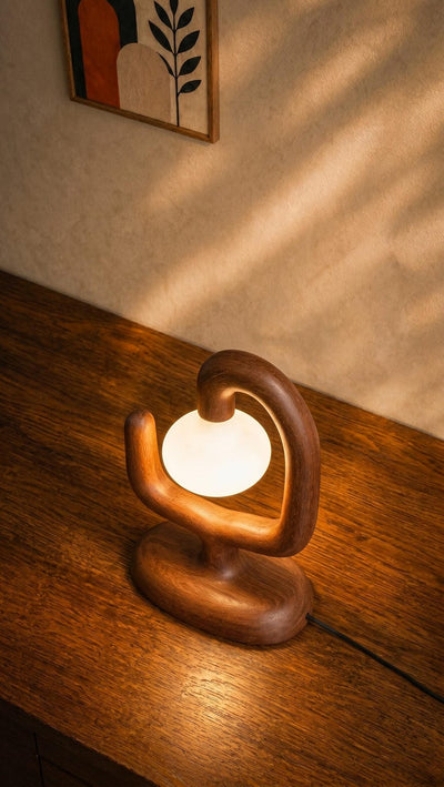 Sculptural Wood Table Lamp, Organic Bedside Nightstand Light, Frosted Glass Globe Accent