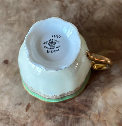 Very Rare Antique c1905 Edwardian Royal Albert Crown China Trio, Tea Cup, Saucer And Square Tea Plate. Green, Cream, White With Gold Gilt.