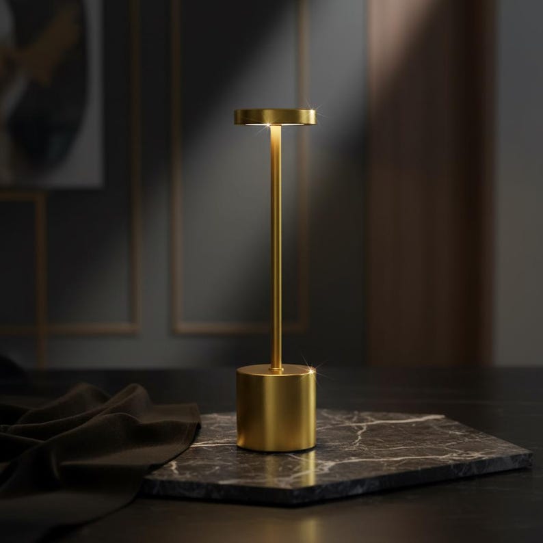 Gold Cylinder LED Table Lamp | Rechargeable Touch Dimmer | 3 Color Temps | Minimalist Bedroom