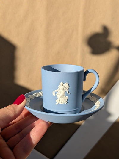 Vintage Wedgwood Jasperware Blue Biscuit Porcelain Coffee Cup and Saucer | Fairy Motif