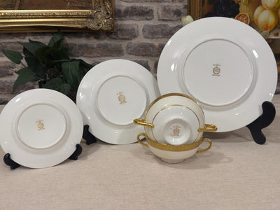 Minton Buckingham Dinner Service for 6, Vintage English Bone China, Gold Encrusted Dinner Set with Tureen, Gravy Boat, Cream and Gold