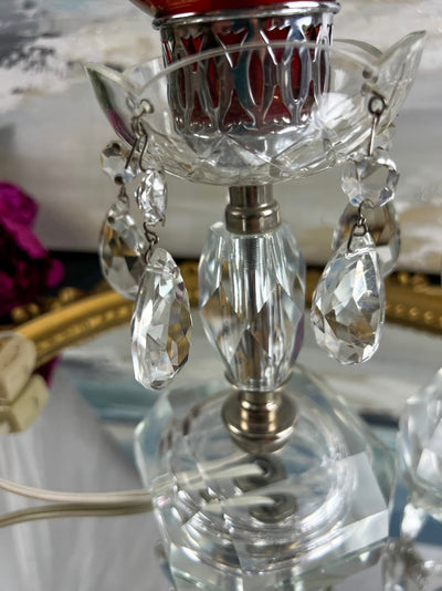 Pair of (2) Antique Victorian Style Mantle Luster Table Lamps with Cranberry Hurricanes and Crystal Cut Glass Prisms