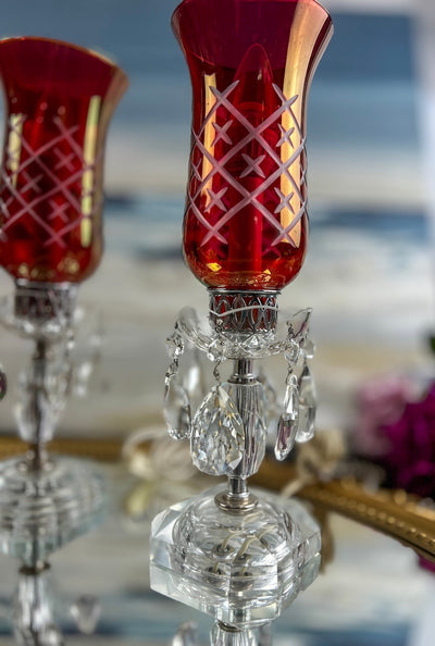 Pair of (2) Antique Victorian Style Mantle Luster Table Lamps with Cranberry Hurricanes and Crystal Cut Glass Prisms