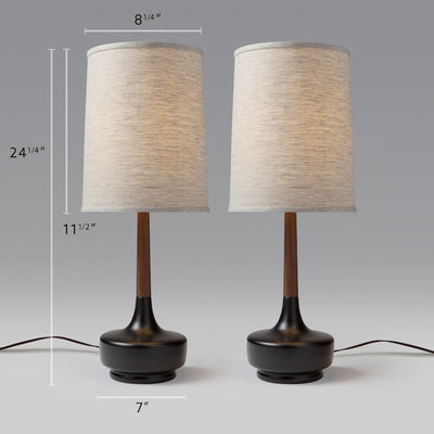 Black Ceramic Base, Walnut Neck, Oatmeal Muslin Lampshade