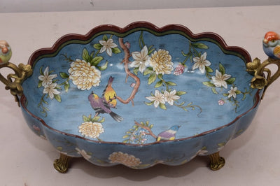 Antique Blue Porcelain Bowl: Bronze Bird Ornaments, Floral Design