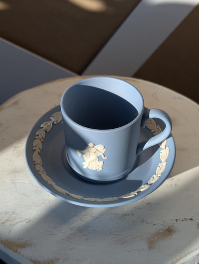Vintage Wedgwood Jasperware Blue Biscuit Porcelain Coffee Cup and Saucer | Fairy Motif