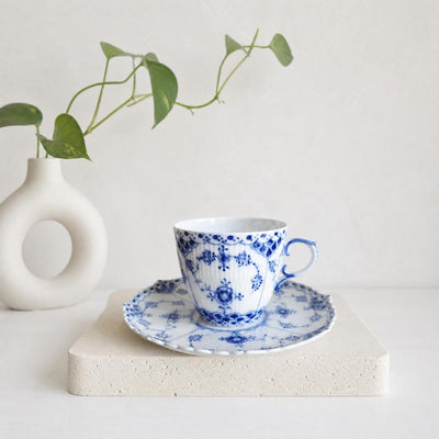 Royal Copenhagen Blue Fluted Full Lace #1035 Cup with Saucer 1960s Denmark