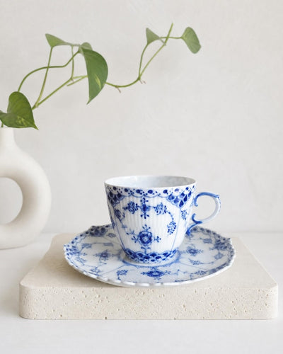 Royal Copenhagen Blue Fluted Full Lace #1035 Cup with Saucer 1960s Denmark