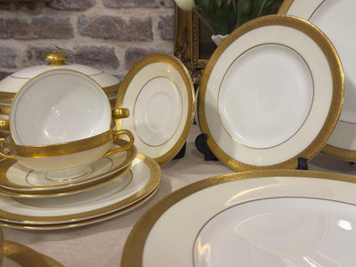 Minton Buckingham Dinner Service for 6, Vintage English Bone China, Gold Encrusted Dinner Set with Tureen, Gravy Boat, Cream and Gold