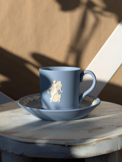Vintage Wedgwood Jasperware Blue Biscuit Porcelain Coffee Cup and Saucer | Fairy Motif