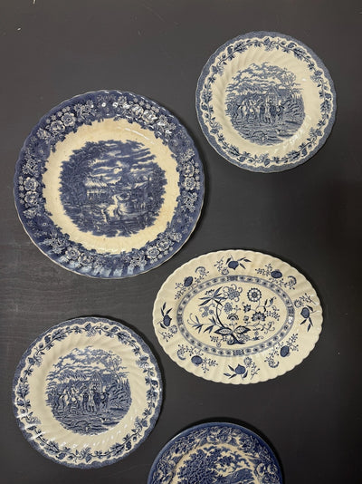 Vintage Kitchen Gallery Wall Set: Blue & White Willow Style English Plate Set