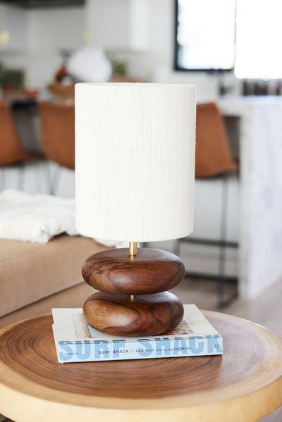 River Rock Walnut Wood Lamp: Hand-Strung Cotton Lampshade, Reclaimed Wood