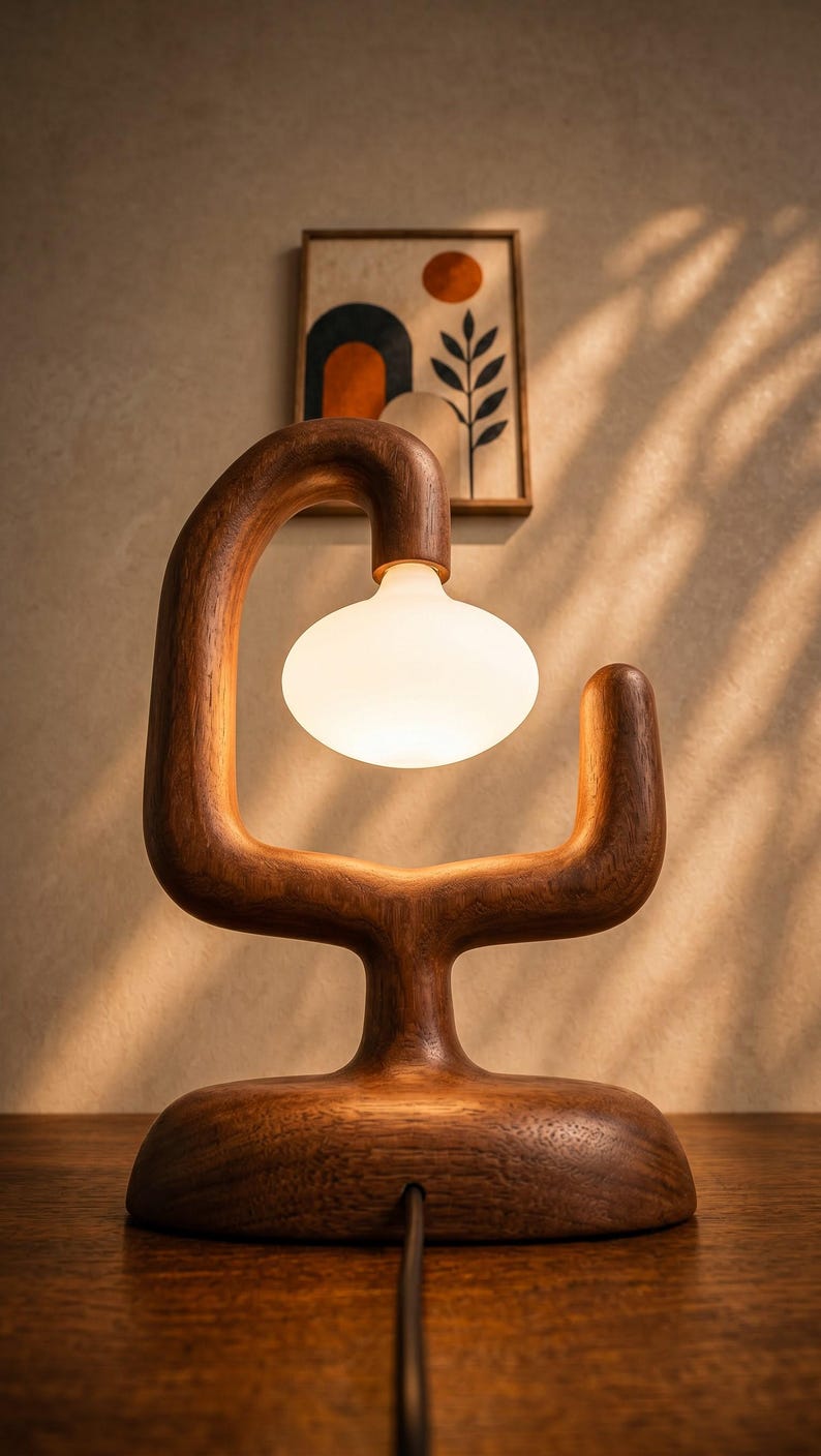 Sculptural Wood Table Lamp, Organic Bedside Nightstand Light, Frosted Glass Globe Accent