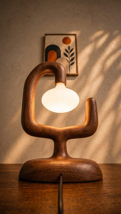Sculptural Wood Table Lamp, Organic Bedside Nightstand Light, Frosted Glass Globe Accent