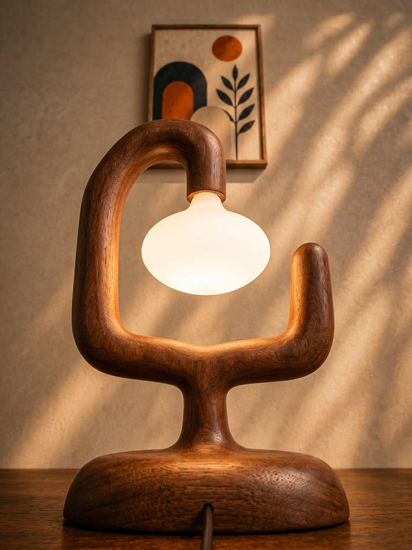 Sculptural Wood Table Lamp, Organic Bedside Nightstand Light, Frosted Glass Globe Accent