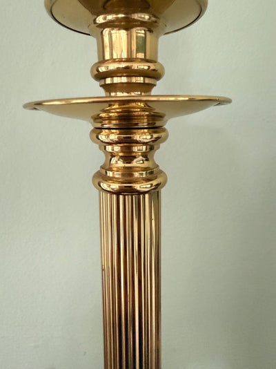 English-made brass column table lamp with fluted stem and neoclassical detailing.