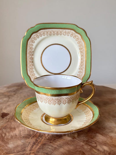 Very Rare Antique c1905 Edwardian Royal Albert Crown China Trio, Tea Cup, Saucer And Square Tea Plate. Green, Cream, White With Gold Gilt.