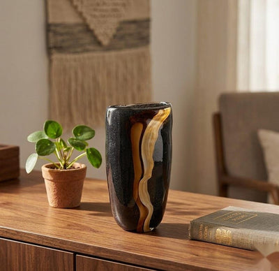 Hand Blown Glass Vase Set Black Amber Art Decor set of 3