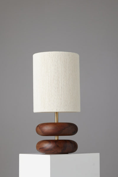 River Rock Walnut Wood Lamp: Hand-Strung Cotton Lampshade, Reclaimed Wood