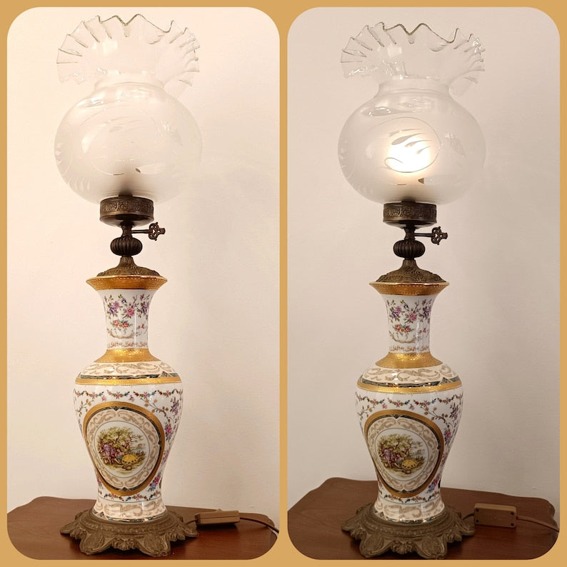 Genuine Limoges Table Lamp: Hand-Painted Porcelain, Gold Details, Glass Shade