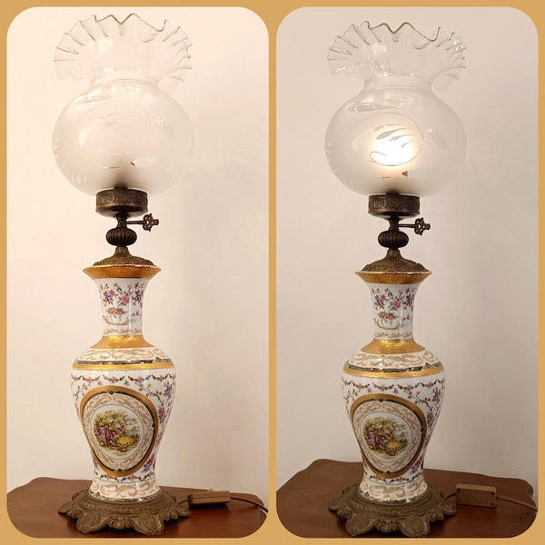 Genuine Limoges Table Lamp: Hand-Painted Porcelain, Gold Details, Glass Shade