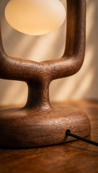Sculptural Wood Table Lamp, Organic Bedside Nightstand Light, Frosted Glass Globe Accent