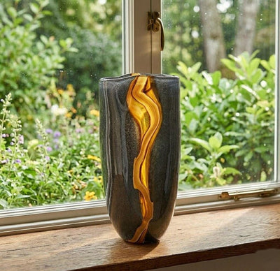 Hand Blown Glass Vase Set Black Amber Art Decor set of 3