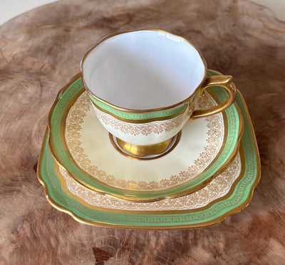 Very Rare Antique c1905 Edwardian Royal Albert Crown China Trio, Tea Cup, Saucer And Square Tea Plate. Green, Cream, White With Gold Gilt.