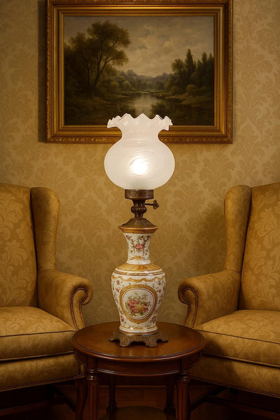 Genuine Limoges Table Lamp: Hand-Painted Porcelain, Gold Details, Glass Shade